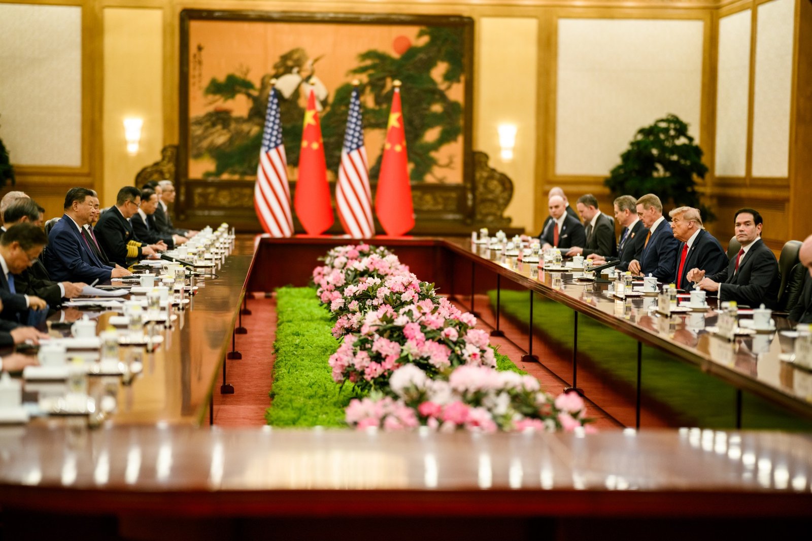 U.S. and Chinese delegations across a long table at the Great Hall of the People, May 2026