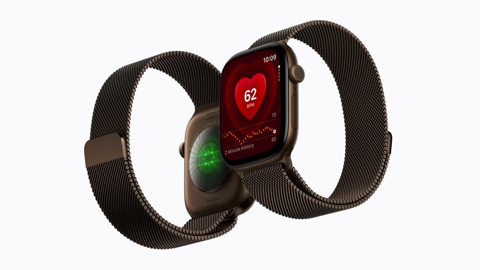 Apple Watch Series 12, with the redesigned sensors on the back and the Heart Rate app on the face.
