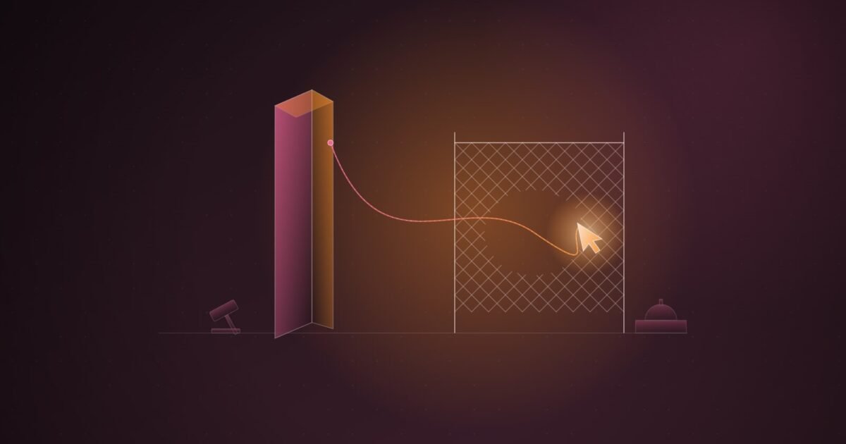 Abstract illustration of a glowing cursor slipping through a gap in a wire fence, tethered back to a tall dark monolith