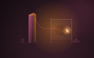 Abstract illustration of a glowing cursor slipping through a gap in a wire fence, tethered back to a tall dark monolith