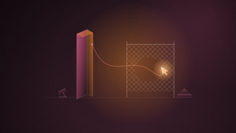 Abstract illustration of a glowing cursor slipping through a gap in a wire fence, tethered back to a tall dark monolith
