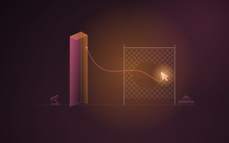 Abstract illustration of a glowing cursor slipping through a gap in a wire fence, tethered back to a tall dark monolith