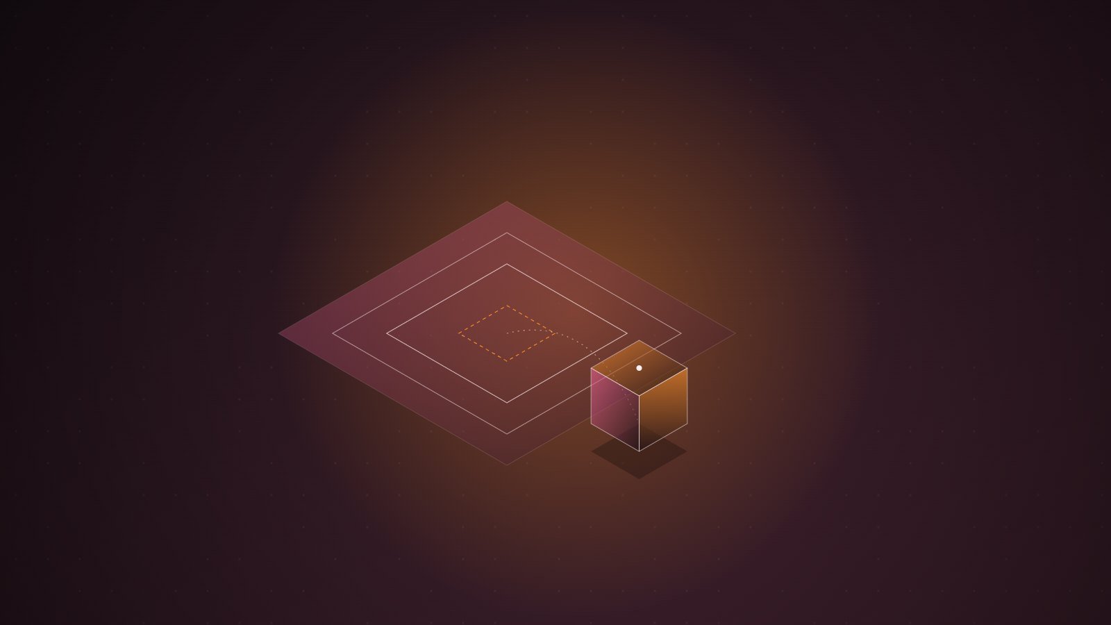 Isometric illustration: three nested square boundaries on a dark plum field, with a dashed empty footprint at the center and a translucent orange-pink cube that has slid out past the outermost edge, a dotted trail marking where it went.
