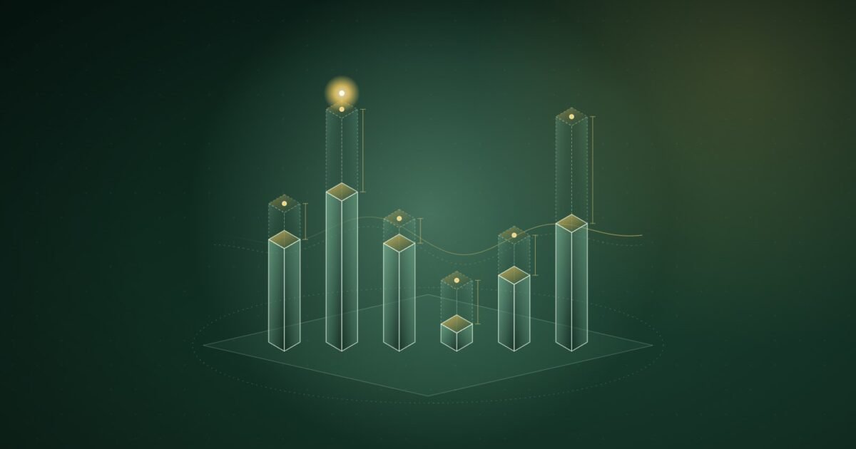 Abstract illustration: six columns, each with a dashed ghost extension showing an uncertain range