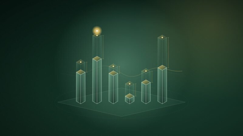Abstract illustration: six columns, each with a dashed ghost extension showing an uncertain range