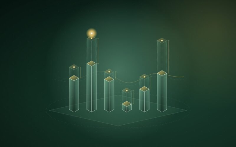 Abstract illustration: six columns, each with a dashed ghost extension showing an uncertain range