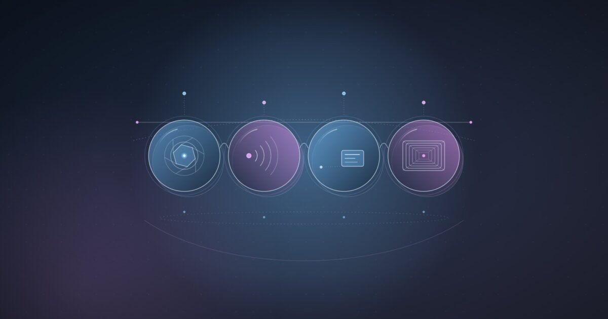 Abstract illustration: four linked lenses representing camera, audio, display and VR glasses