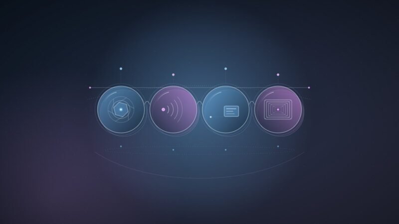 Abstract illustration: four linked lenses representing camera, audio, display and VR glasses