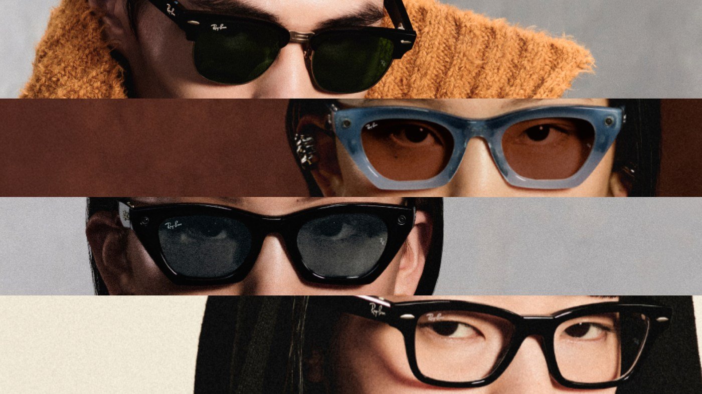 Close-up collage of four people wearing Ray-Ban Meta AI glasses in different frame styles
