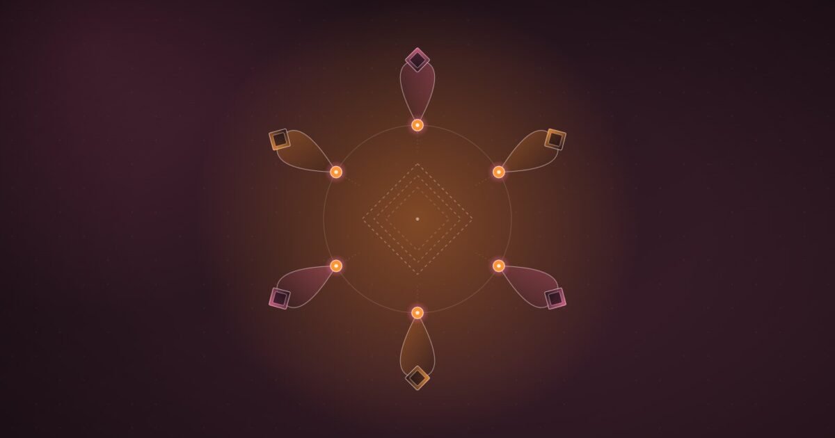 Abstract illustration: six nodes each looping back to its own frame around an empty centre