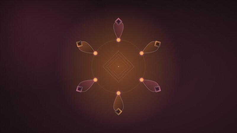 Abstract illustration: six nodes each looping back to its own frame around an empty centre