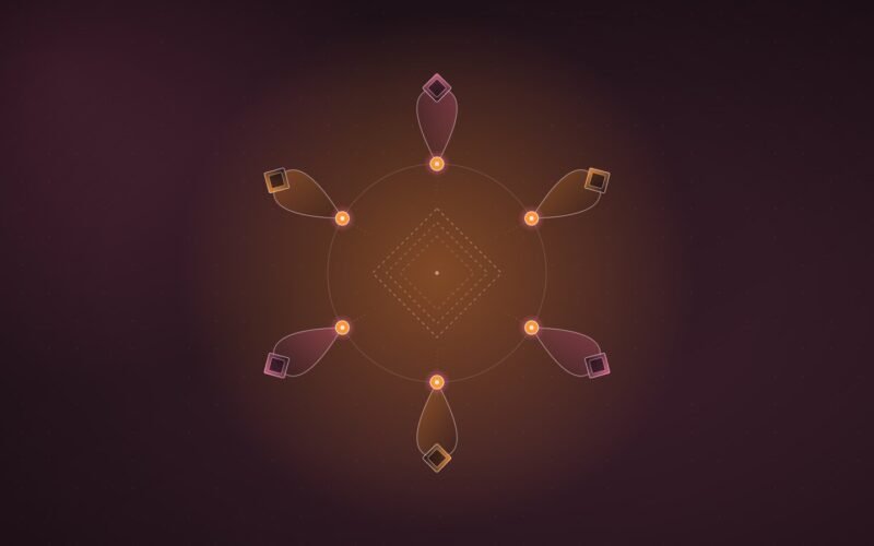 Abstract illustration: six nodes each looping back to its own frame around an empty centre