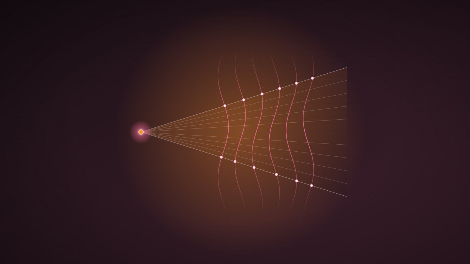 Abstract illustration: a fan of straight lines radiating from a single glowing point cuts across six wavering vertical lines, with bright nodes marking where they cross.