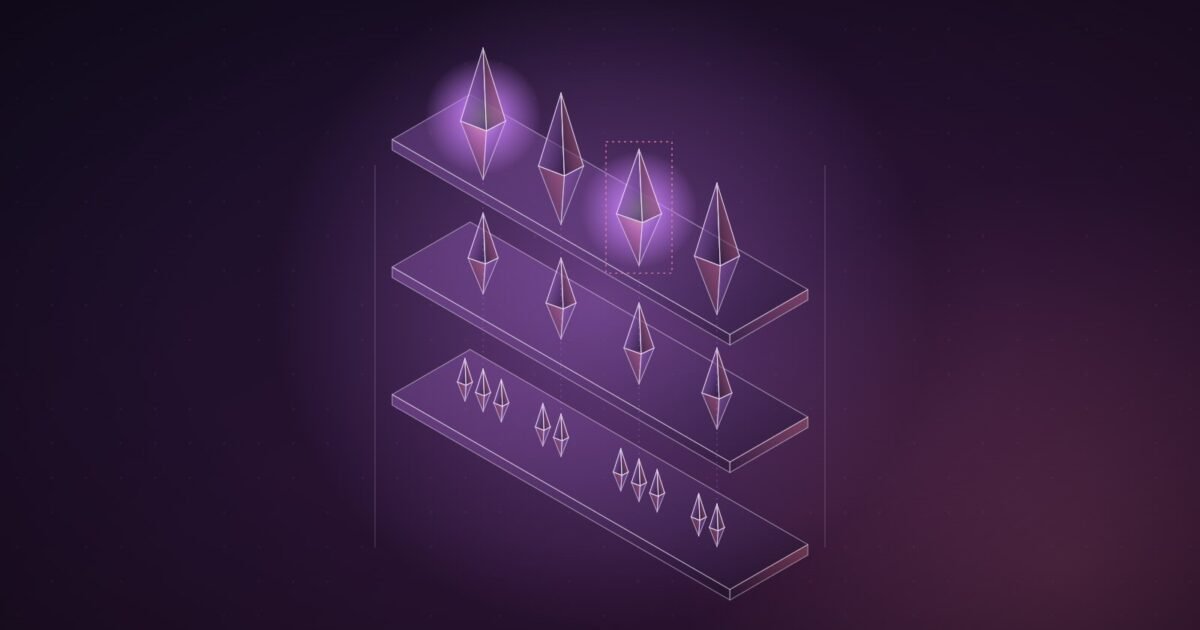 Abstract illustration: crystals of different sizes arranged on three shelves