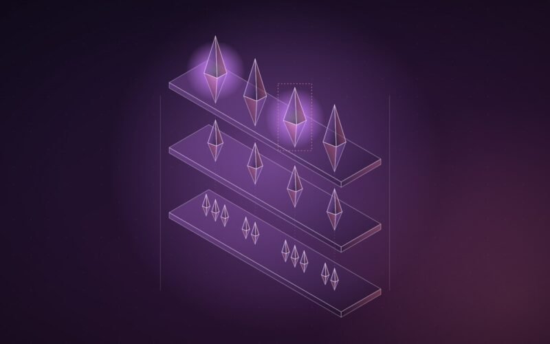 Abstract illustration: crystals of different sizes arranged on three shelves