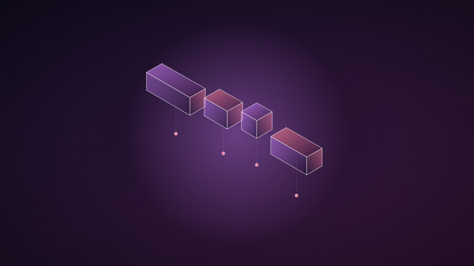 A long violet bar split into four separated segments of different lengths, each lifted slightly and linked by a dotted line to a small node below, like a name broken into its parts.