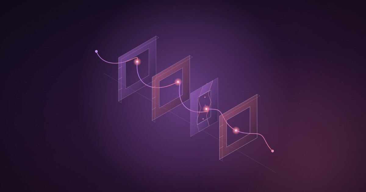 Abstract illustration: a sound wave threading through a series of gates, one of them cracked