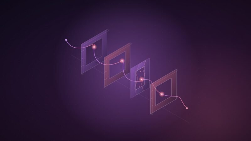 Abstract illustration: a sound wave threading through a series of gates, one of them cracked