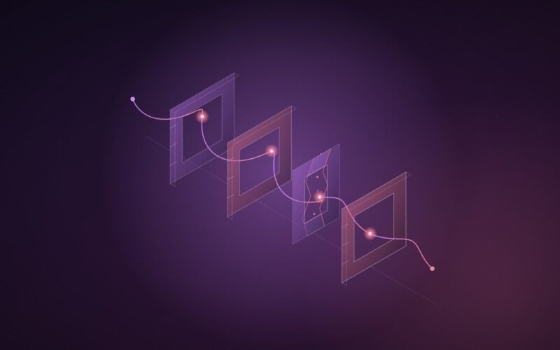 Abstract illustration: a sound wave threading through a series of gates, one of them cracked