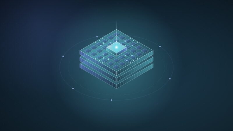 Abstract illustration: a stack of wide memory layers beneath a small glowing chip