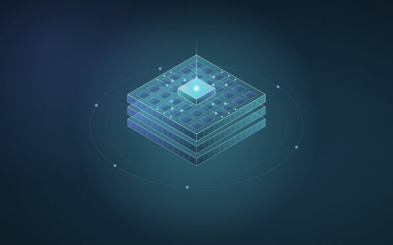 Abstract illustration: a stack of wide memory layers beneath a small glowing chip