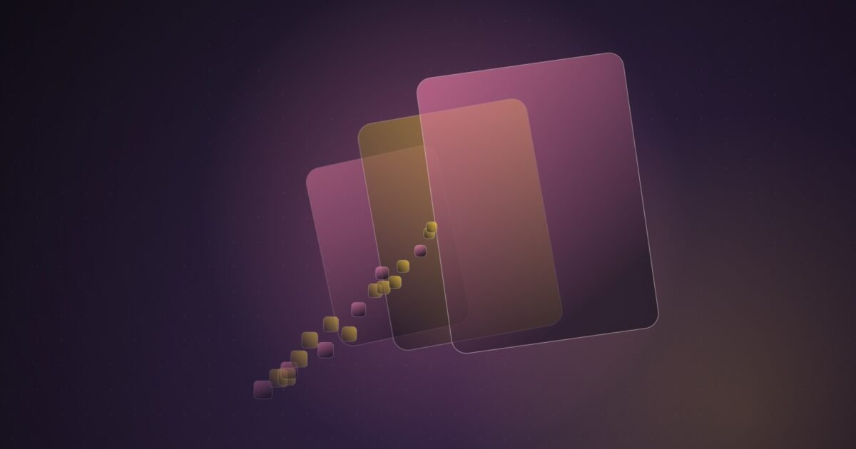 Abstract illustration of three tilted rounded panels of increasing size stacked in depth, with a stream of small square tiles flowing into them, in pink and yellow on a dark purple background.