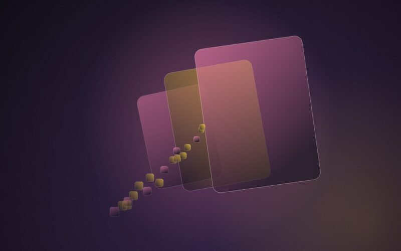 Abstract illustration of three tilted rounded panels of increasing size stacked in depth, with a stream of small square tiles flowing into them, in pink and yellow on a dark purple background.