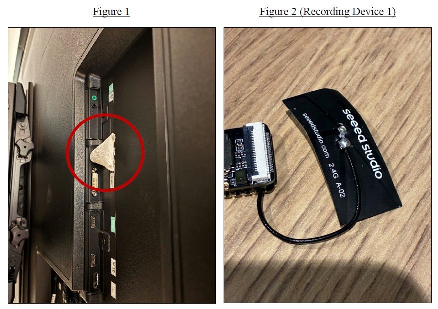 Evidence image released by the Justice Department showing the alleged recording device and where it was placed behind a television