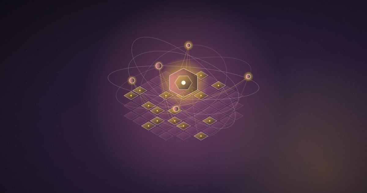 Abstract illustration: agent nodes orbiting a hexagonal core and reaching into a lattice of tiles