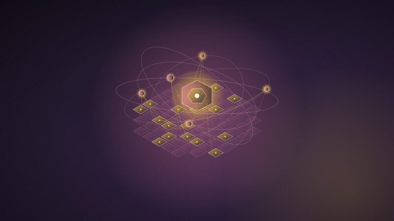 Abstract illustration: agent nodes orbiting a hexagonal core and reaching into a lattice of tiles