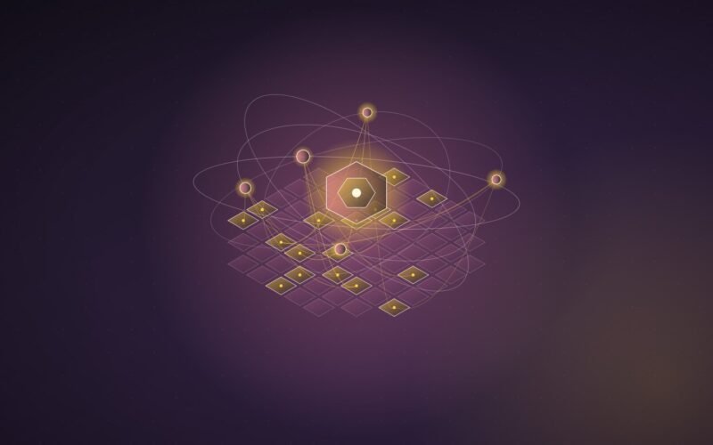 Abstract illustration: agent nodes orbiting a hexagonal core and reaching into a lattice of tiles