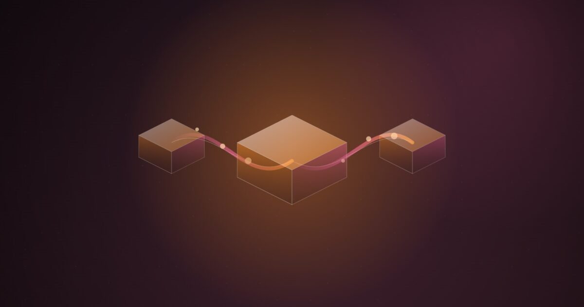 Abstract illustration of three translucent orange isometric blocks, a large one in the centre and two smaller ones either side, linked by a glowing pink ribbon on a dark plum background