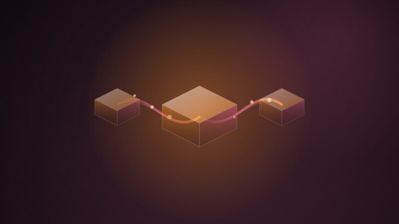 Abstract illustration of three translucent orange isometric blocks, a large one in the centre and two smaller ones either side, linked by a glowing pink ribbon on a dark plum background