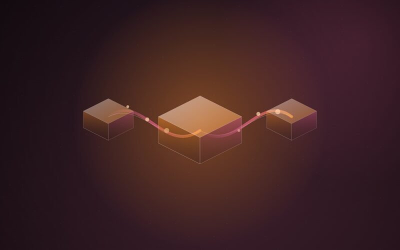 Abstract illustration of three translucent orange isometric blocks, a large one in the centre and two smaller ones either side, linked by a glowing pink ribbon on a dark plum background