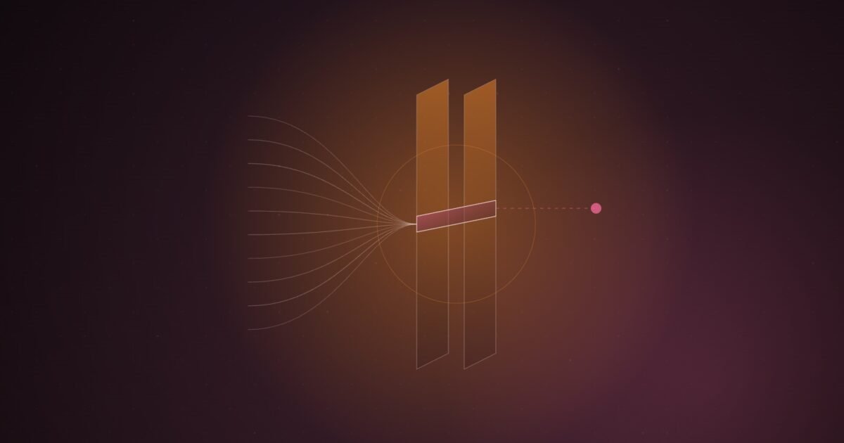 Abstract illustration of many thin orange lines converging on a pair of tall translucent gate pillars, with a pink crossbar blocking all but one dashed path