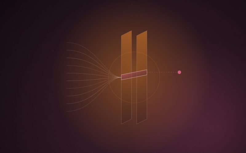 Abstract illustration of many thin orange lines converging on a pair of tall translucent gate pillars, with a pink crossbar blocking all but one dashed path