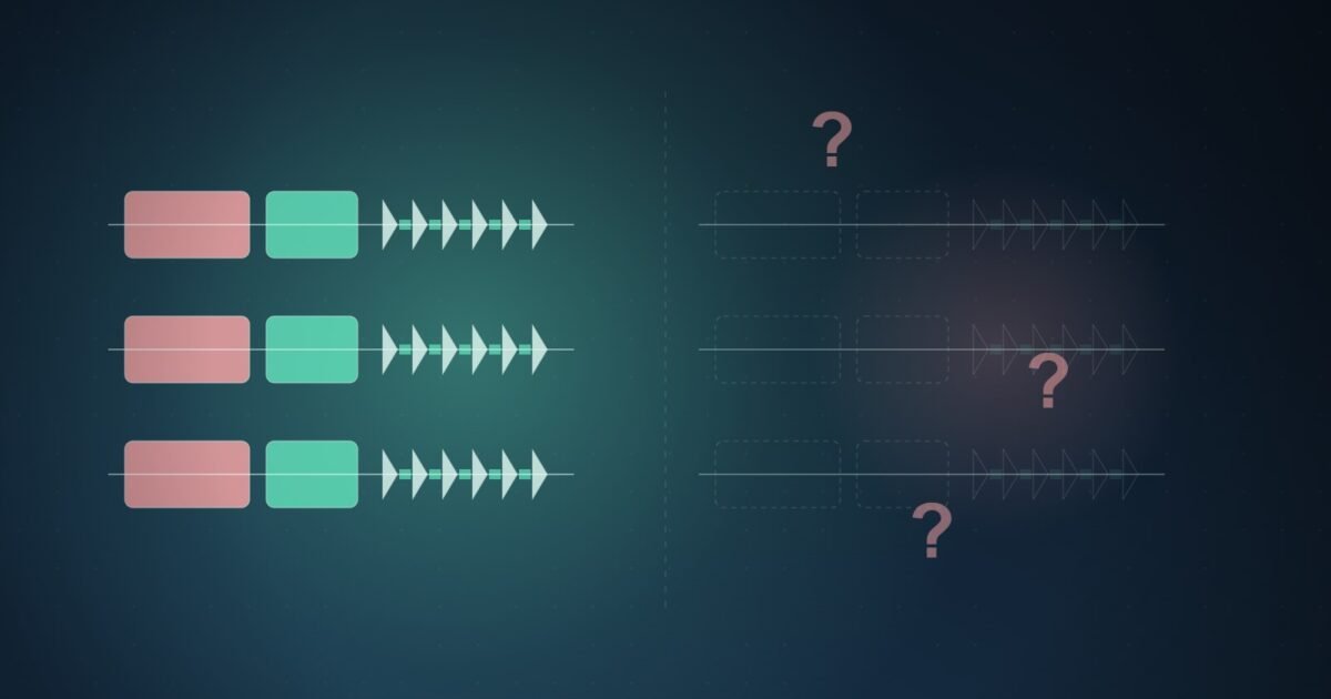 Illustration: a clear gene-array diagram beside a faint outline of the same shape marked with question marks.