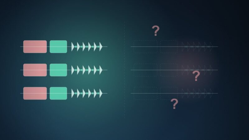 Illustration: a clear gene-array diagram beside a faint outline of the same shape marked with question marks.