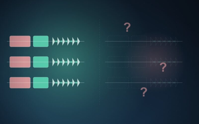 Illustration: a clear gene-array diagram beside a faint outline of the same shape marked with question marks.