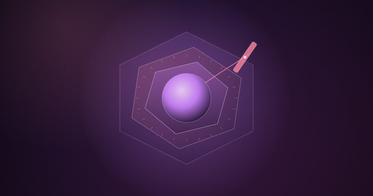 Abstract illustration of a glowing violet sphere held inside three nested translucent hexagonal frames, with a thin line reaching from the sphere to a pink bar that crosses the outer frame like a brake, on a dark plum background