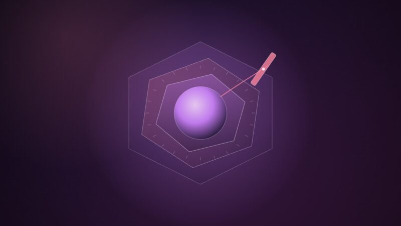 Abstract illustration of a glowing violet sphere held inside three nested translucent hexagonal frames, with a thin line reaching from the sphere to a pink bar that crosses the outer frame like a brake, on a dark plum background