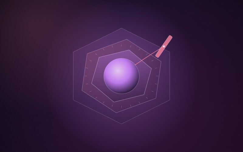 Abstract illustration of a glowing violet sphere held inside three nested translucent hexagonal frames, with a thin line reaching from the sphere to a pink bar that crosses the outer frame like a brake, on a dark plum background