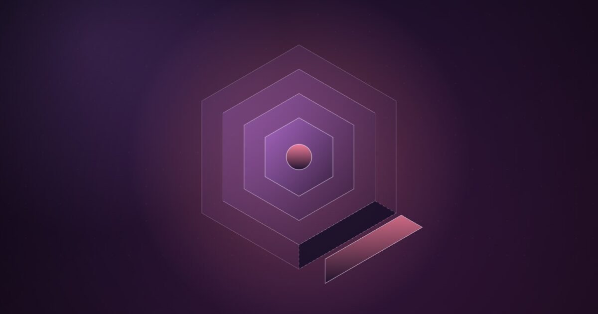 Abstract illustration of nested violet and coral hexagons with one segment displaced outward, glowing against a dark plum background