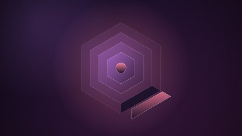 Abstract illustration of nested violet and coral hexagons with one segment displaced outward, glowing against a dark plum background