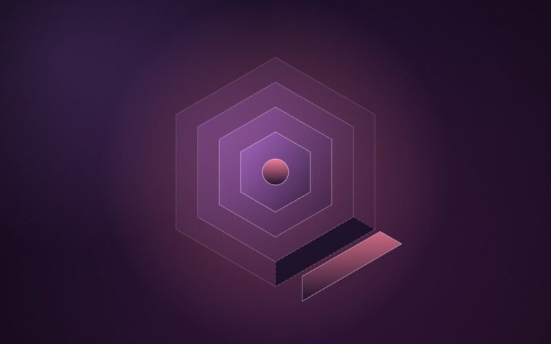 Abstract illustration of nested violet and coral hexagons with one segment displaced outward, glowing against a dark plum background