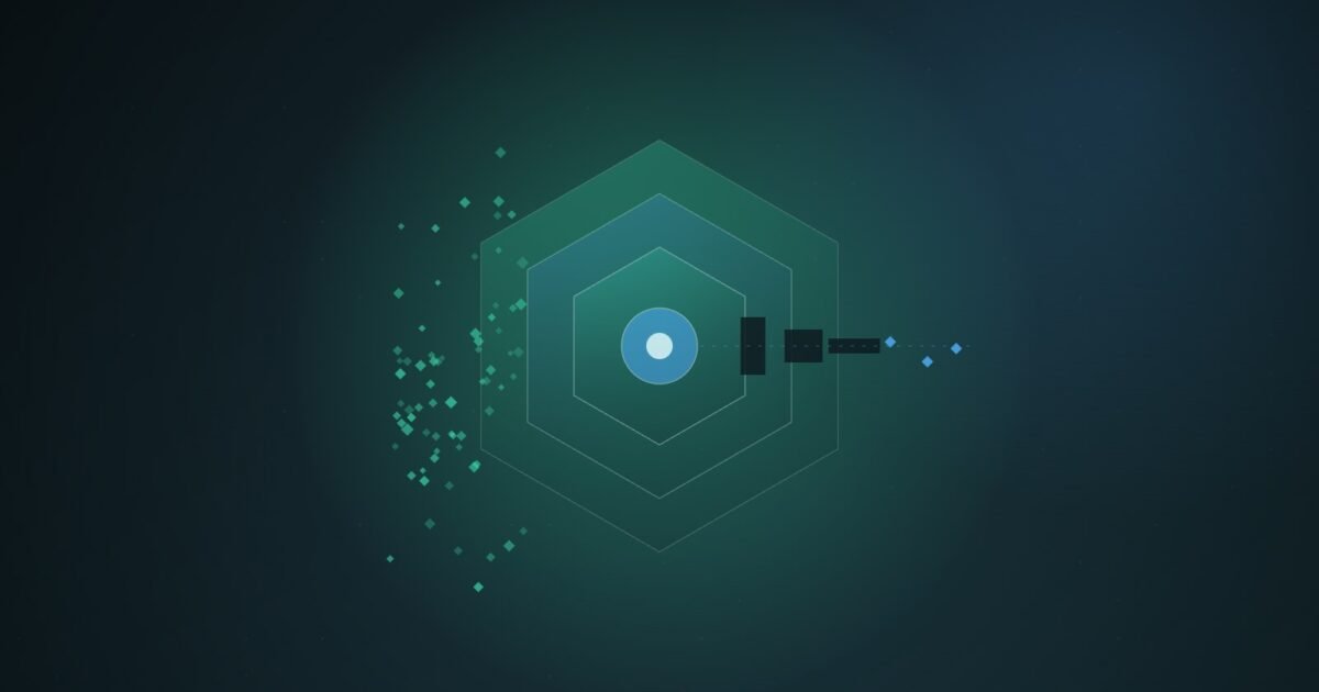 Abstract illustration of three nested hexagonal gates around a glowing core, with a dense cloud of small green diamonds on the left and only three blue diamonds passing out the right side