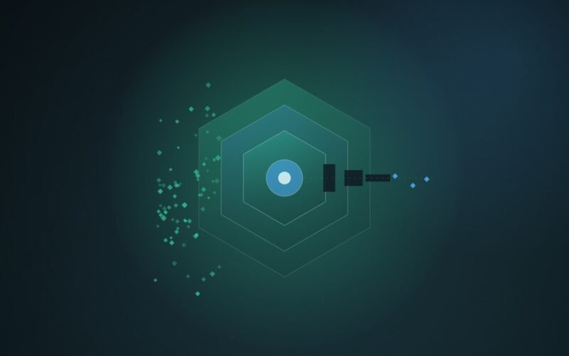Abstract illustration of three nested hexagonal gates around a glowing core, with a dense cloud of small green diamonds on the left and only three blue diamonds passing out the right side