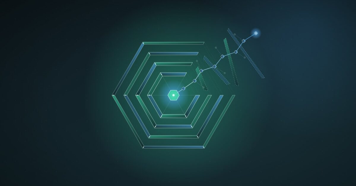 Abstract illustration: nested hexagonal shells with a cut wedge and a chain of nodes threading inward