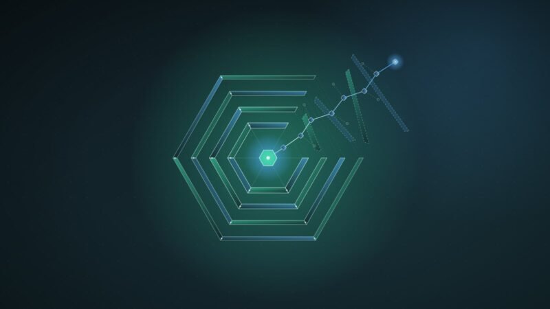 Abstract illustration: nested hexagonal shells with a cut wedge and a chain of nodes threading inward