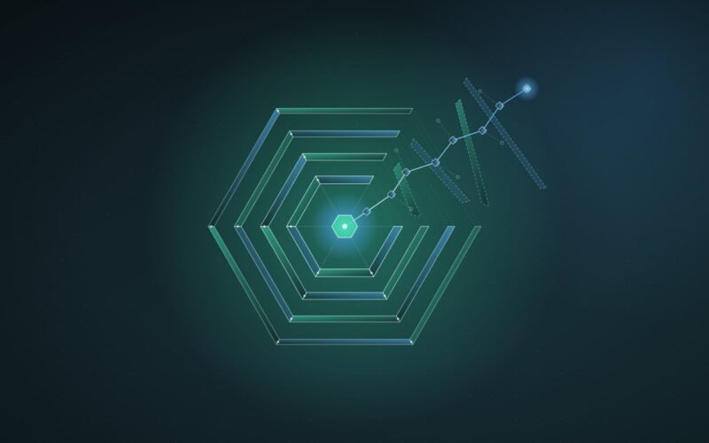 Abstract illustration: nested hexagonal shells with a cut wedge and a chain of nodes threading inward